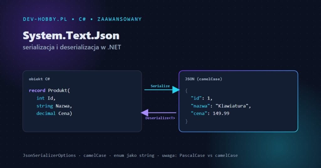 System.Text.Json — serializacja obiektu C# do JSON (camelCase) i deserializacja z powrotem w .NET