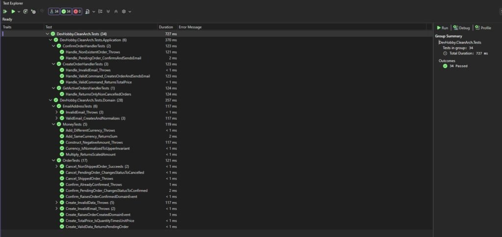 Test Explorer z zielonymi testami i widoczną kolumną Duration