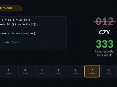 Quiz z kodem C# — zgadnij output dziewięciu fragmentów kodu